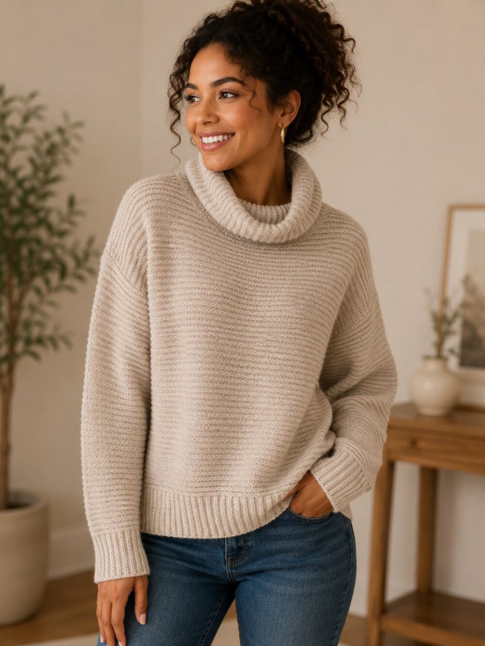 Denver Hayes Beige Cowl Neck Knit Sweater Women's Medium Cozy Pullover